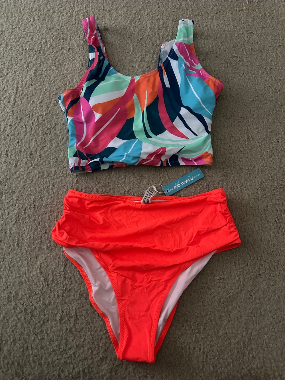 Popvil-Colorful Scoop Neck Bikini Top & Neon Coral High Waist Bottoms